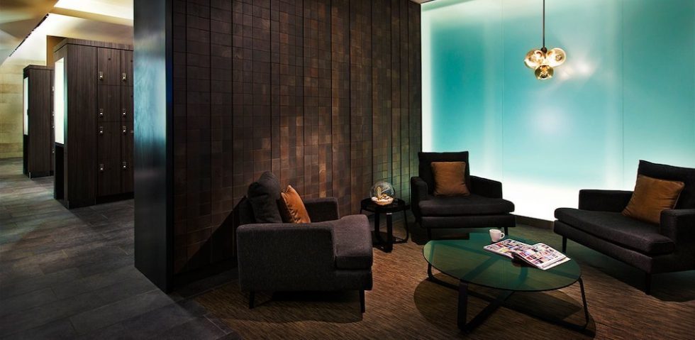 Equinox World Financial Center lounge area with laminate lockers behind.