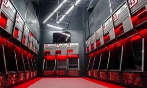 Texas Tech athletic lockers with integral bench, bottom drawer, and overhead compartments.