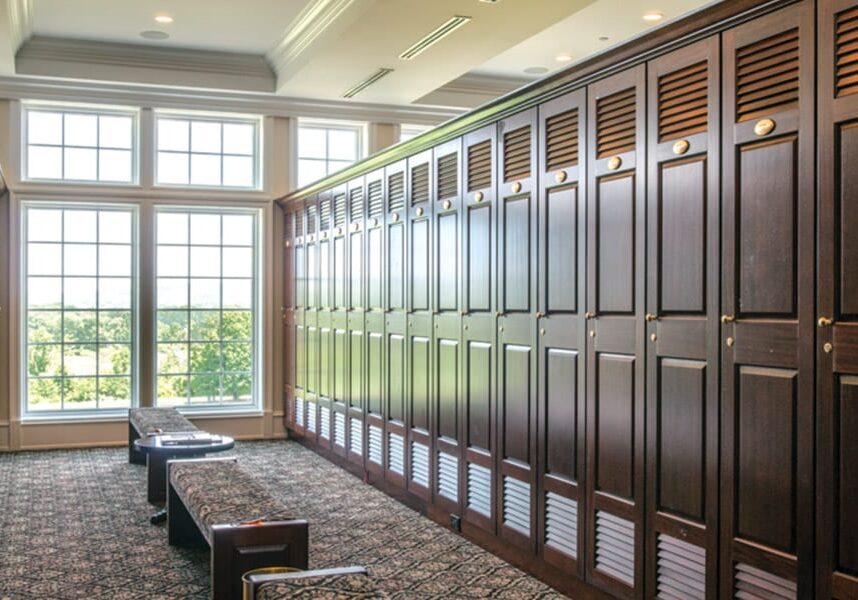 Wood lockers getting natural sun light from window at Trump National Golf Club.